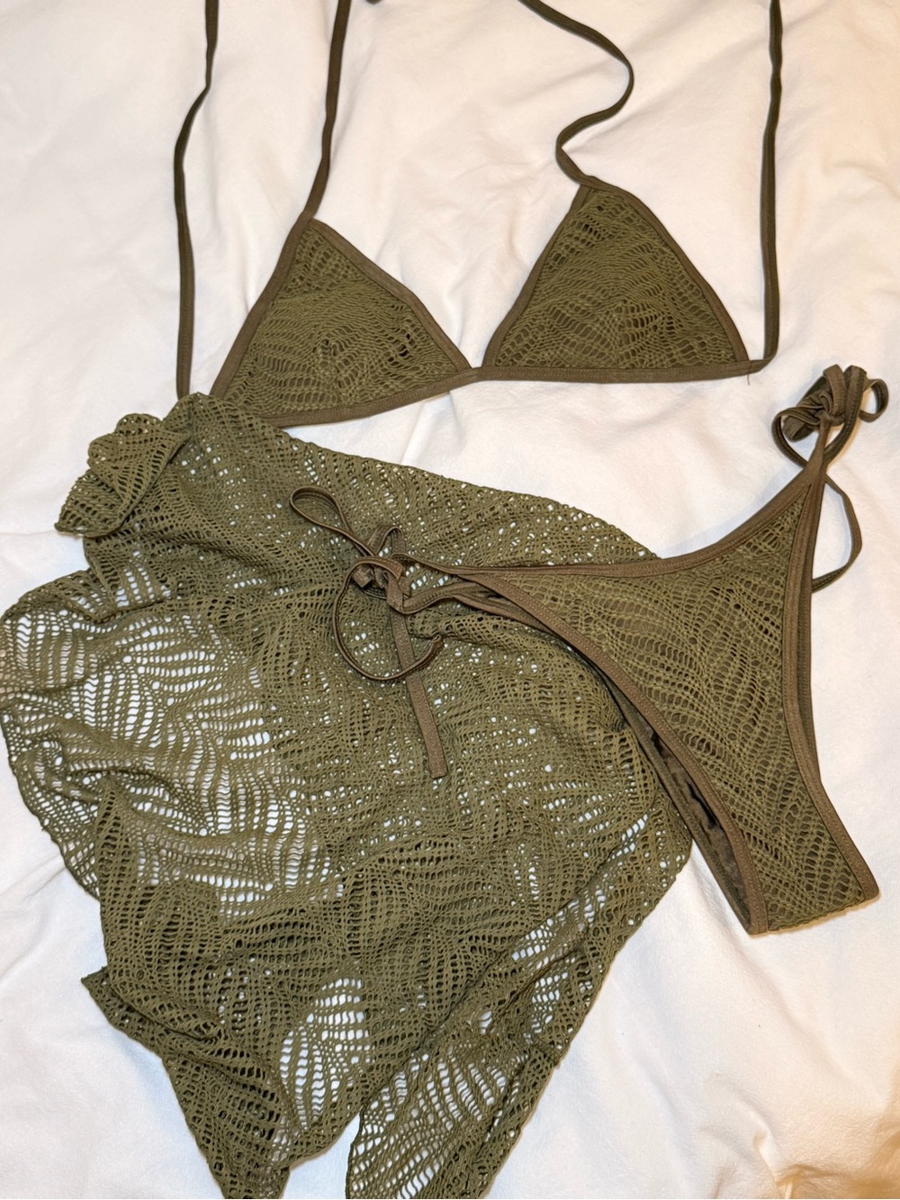 Olive Crochet Triangle Bikini Set with Matching Crochet Cover-Up